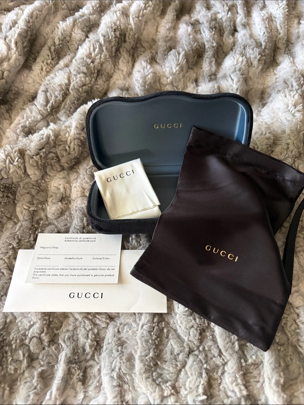 Gucci Black Hard Shell Sunglasses Case with Brown Drawstring Dust Bag